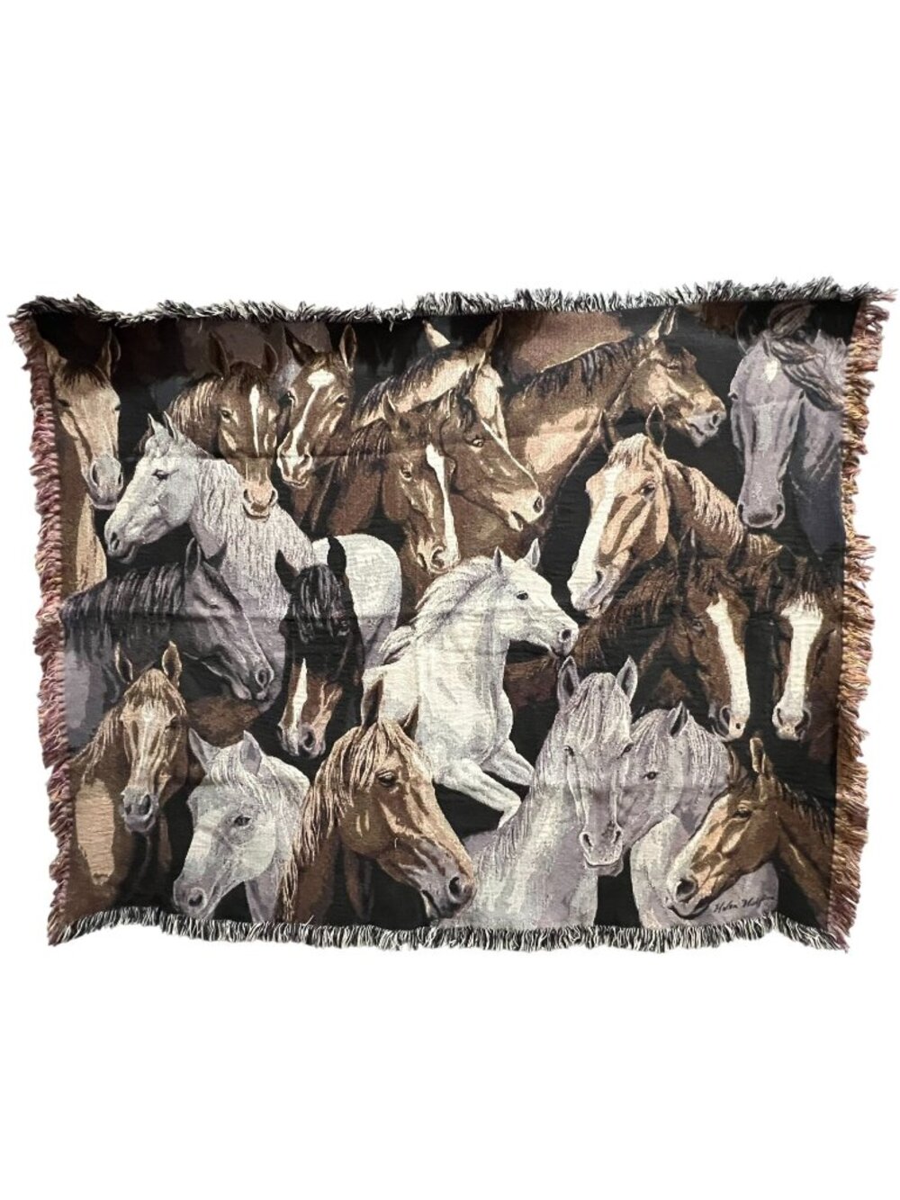Horses Stampede Tapestry Woven Throw Blanket Helen Fringe Trim Farmhouse Rustic